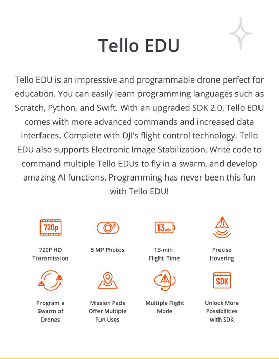 Tello EDU Quadcopter Drone with HD Camera and VR,Creative Coding Education, DIY Accessories, STEM Learning Toys for Boys and Girls