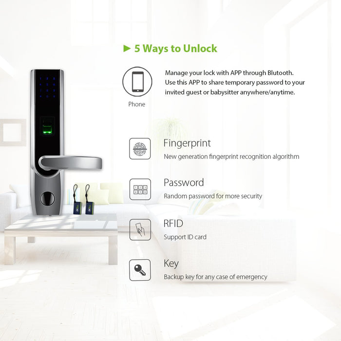 ZKTeco TL400B Fingerprint Biometric Bluetooth Smart Door Lock Digital Keyless Keypad Code Locks+ 5pcs RFID Cards,Right Handed.