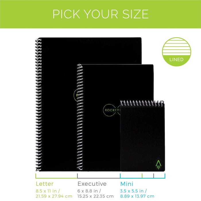 Rocketbook Smart Reusable Notebook - Lined Eco Friendly Notebook - Executive A5 - Infinity Black, Lined, Pilot Frixion Pen and Wipe Included