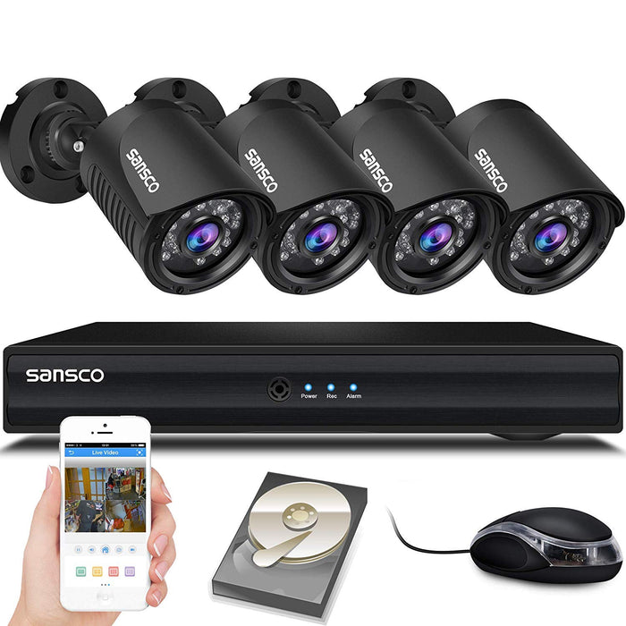 SANSCO Smart HD CCTV Security Camera System with 1080P Lite 4 Channel DVR (4) 2.0MP Indoor Outdoor Bullet Cameras and 1TB Hard Drive (1920x1080 1080p, Continuous/Motion Recording, Instant Mobile App Access with Email Alerts)