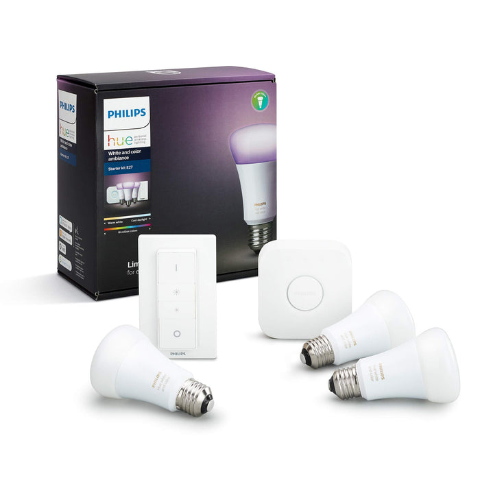Philips Hue White and Colour Ambiance Starter Kit: Smart Bulb 3x Pack LED [E27 Edison Screw] Including Dimmer Switch and Bridge, Works with Alexa, Google Assistant and Apple HomeKit