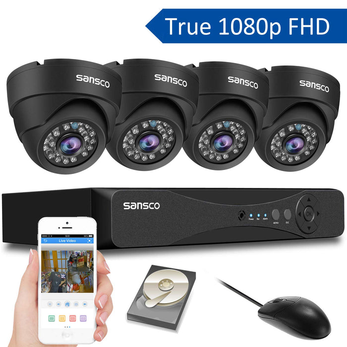 [TRUE 1080p] SANSCO 4 Channel FHD CCTV Camera System with 4 2 Mega-pixel Indoor Outdoor Dome Cameras and 1TB Internal Hard Drive (2M Recording/Playback, Instant Email Alerts, Day/Night Vision, Vandal-Proof Housing, Mobile App: Xmeye)