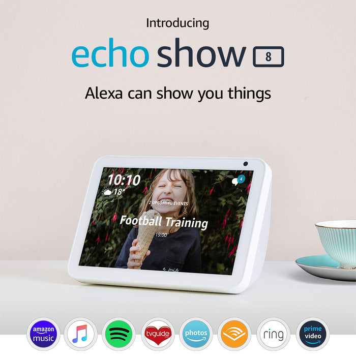 Introducing Echo Show 8 | 8" HD smart display with Alexa, Sandstone fabric