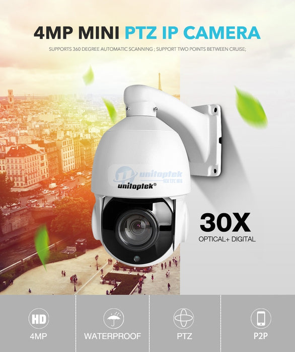 Unitoptek 4 Inch Mini PTZ Speed Dome IP Camera Outdoor HD 4MP 2592x1520 Network Onvif CCTV Surveillance Cam 30X Zoom Night Vision PTZ Cam