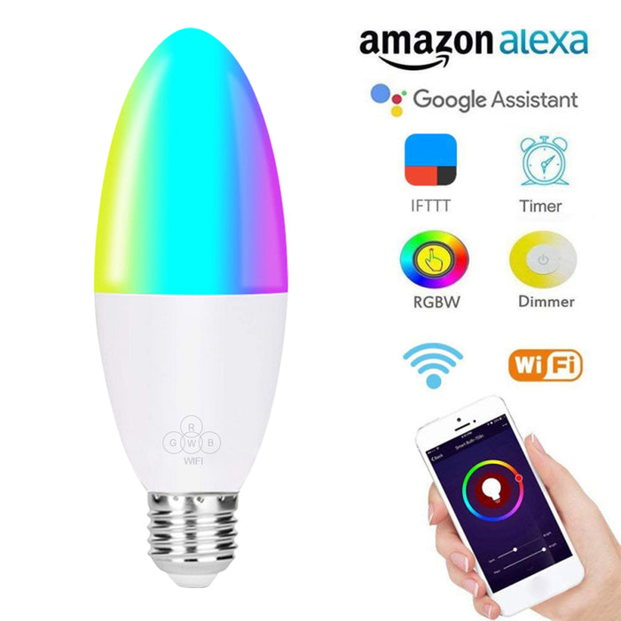 Οobest WiFi Smart Lamp Candle Bulb E27 -E14 RGB Bulb AC85-265V Dimmable Support Alexa / Google Home Control By Smartphone Application