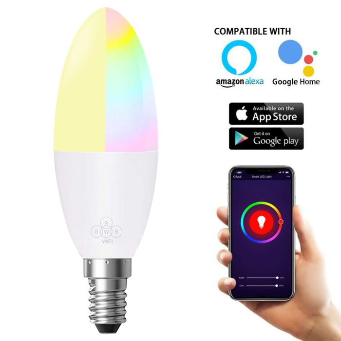 Οobest WiFi Smart Lamp Candle Bulb E27 -E14 RGB Bulb AC85-265V Dimmable Support Alexa / Google Home Control By Smartphone Application