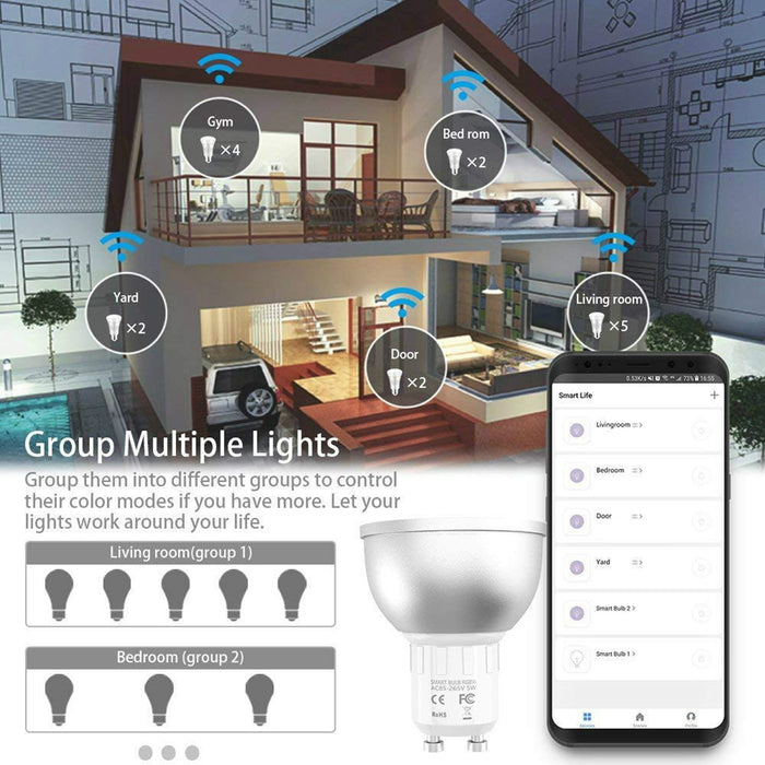 Oobest 1/2/3/4pcs GU10 WiFi Smart LED Bulbs RGBW 5W Lamps Lampada APP Remote Control Dimmable Light Bulbs Work with Alexa/Google/IFTTT