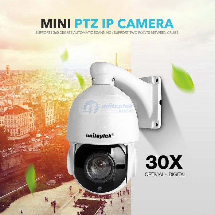 Unitoptek HD 1080P 4MP 5MP Mini PTZ IP Camera Outdoor 30X Zoom Speed Dome Security IP Camera 50m IR Night Vision APP HiSee CCTV PTZ Cam
