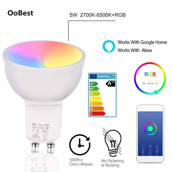 Oobest 10/20PCS LED WiFi Smart Lamp GU10 Bulb Bombillas RGBW 5W Dimmable Lampada Light Apps Remote Control Work with Alexa/Google/IFTTT