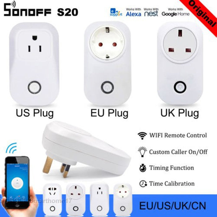 Sonoff S20 Smart WiFi Socket CN AU UK US EU Plug Wireless Remote Outlet Wifi Switch Works With Alexa Google Home Assistant